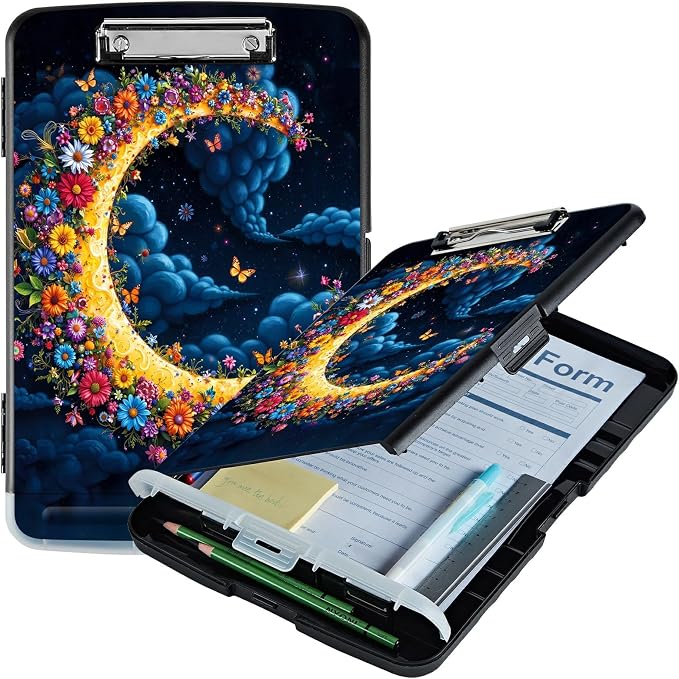 A4 Clipboard with Storage Pen Holder, Clipboards Organizer Nursing Clipboard Foldable File Folder Plastic Clipboard Folio Clip Board for Office Work Classroom Doctor, Dark Clouds Moon