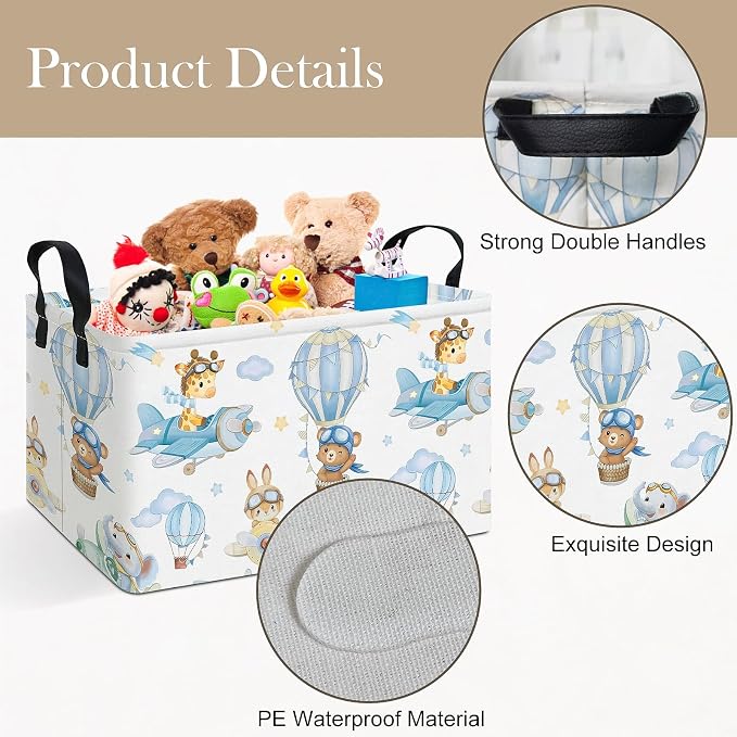 Rectangle Foldable Storage Basket Handles For Home, Airplane Animal | Waterproof canvas material, reinforced handles, perfect for shelf use, organizes clothes, daily items and pet supplies
