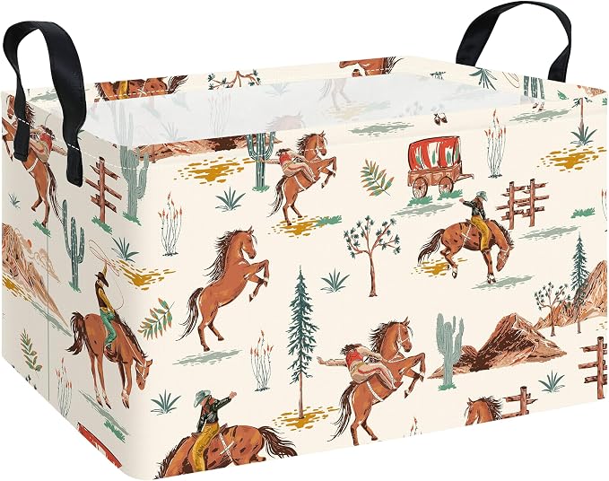 Western Cowboy Fabric Rectangular Nursery Storage Bin | Gifts Bag for Books,Clothes,Gifts,Pets-Perfect for Home,Office,Nursery,Dorm,Shelf