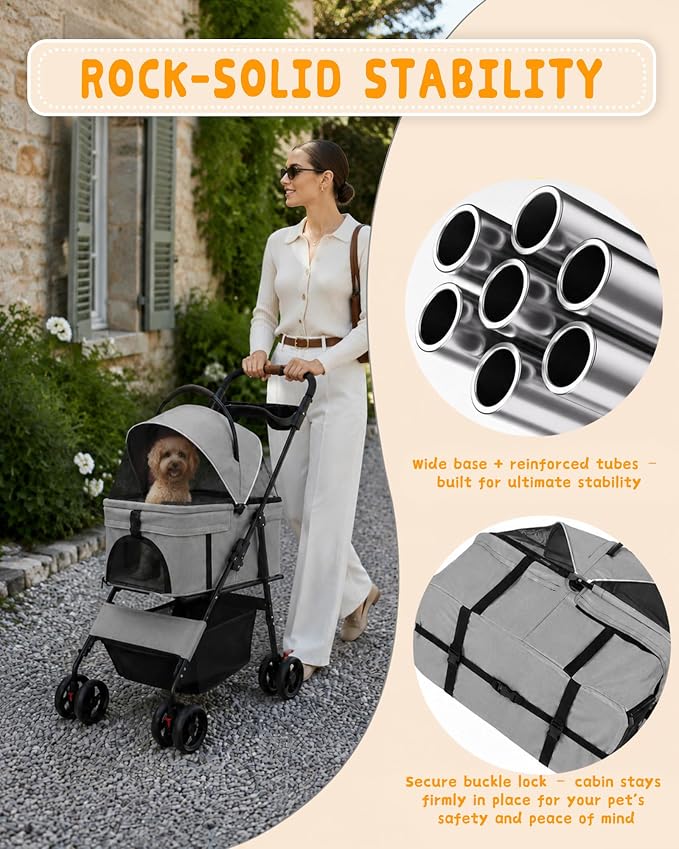 Pet Stroller, 3 in1 Foldable Dog Cat Stroller with Detachable Carrier-Gray | 35lbs Lightweight Foldable Dog Stroller, All-Terrain 4 Wheels, Compact Travel Pet Stroller for Small to Medium Pets
