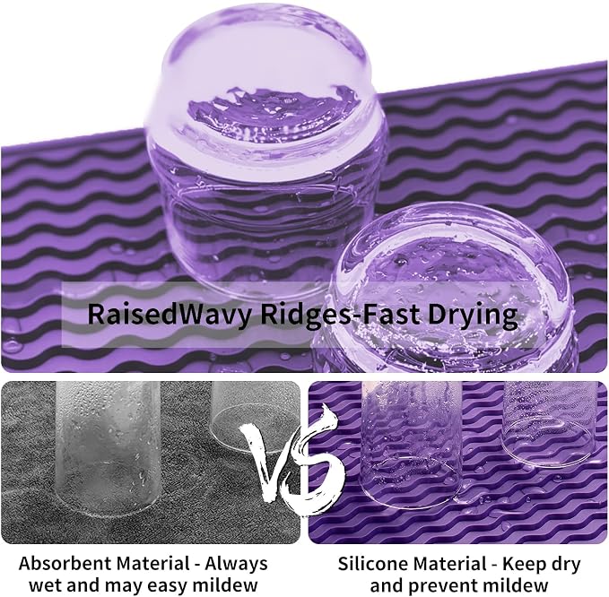ZLR Small Dish Drying Mat for Kitchen Counter, 6"x17", Meadow Violet | Narrow Silicone Drainer for Apartment, Dorm & RV, Wavy Ridges Quick-Dry, Non-Slip, Rolls Up, Dishwasher Safe