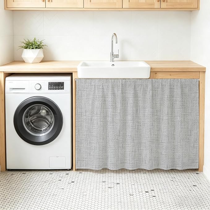 Cabinet Curtains 28x35inch Sink Skirt, Modern Minimalist Gray Desk Skirt for Kitchen Bathroom Shelves, Country Linen Style Privacy Cabinet Curtain Self Stick Adhesive Under Sink Skirts