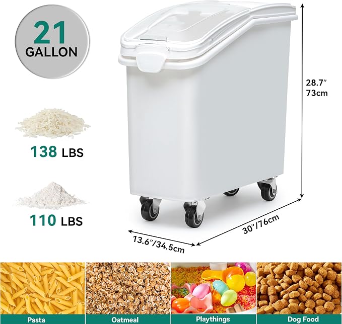 YITAHOME 21 Gallon Ingredient Bin, Commercial Food Container with 500 Cups, Large Flour Storage Container Bin with 360° Wheels, Scoop and Lid for Kitchen, White