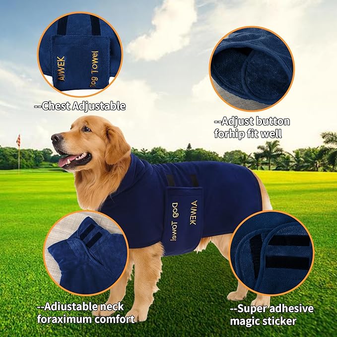 Dog Towel Dog Bathrobe, Microfiber Super Absorbent Pet, Quick Drying Robe for After Bath, Adjustable Collar & Belly Strap Pet Cat Bath Robe Towel Blue-L