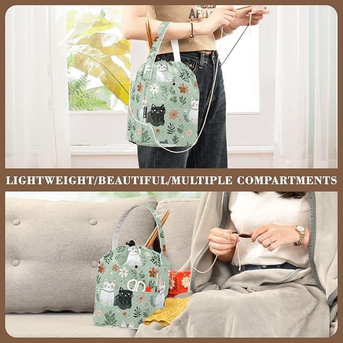 Tatenale Crochet Bag Yarn Bag Knitting Project Bag with Pockets and Handle Portable Yarn Storage Organizer Tangle Free 8.3x11 InchMint Green Floral and Cute Cats02