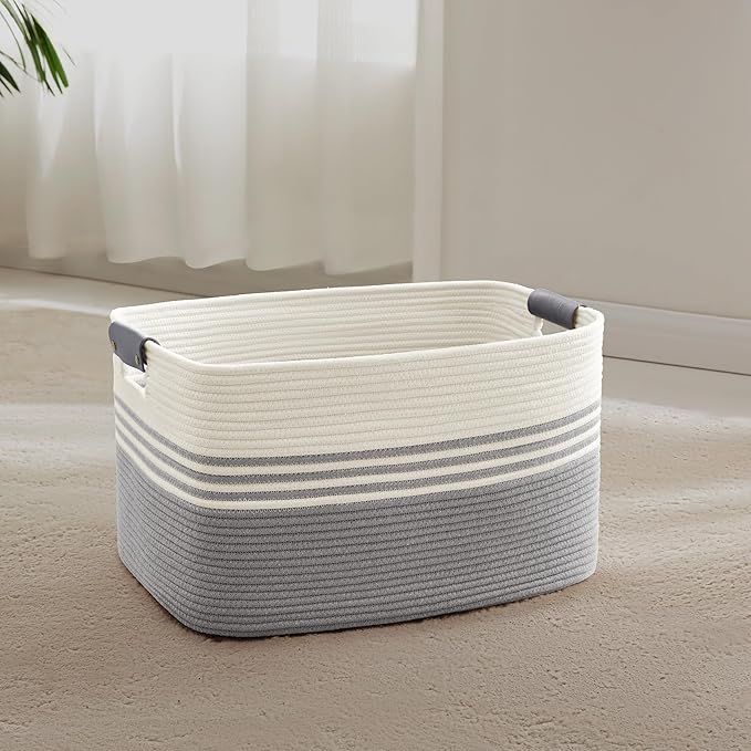 45L Small Woven Laundry Basket Hamper with Leather Handles,Grey | collapsible wicker hamper, storage for dirty clothes, toys, blankets, gifts, living room, bedroom, bathroom, 18"x14"x11"