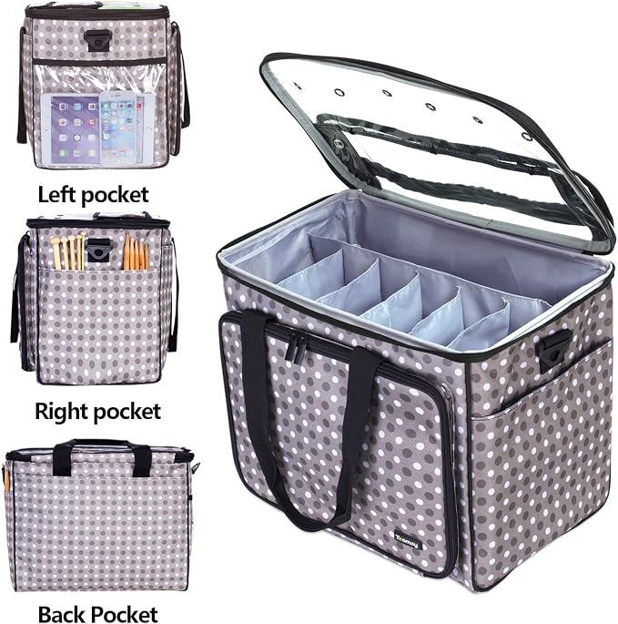 Teamoy Knitting Bag, Yarn Storage Organizer Crochet Bag Tote, Gray Dots | Yarn Holder with Inner Divider(Sewn to Bottom) for Crochet Hook, Knitting Needles(Up to 14"), Project and Crocheting Supplies