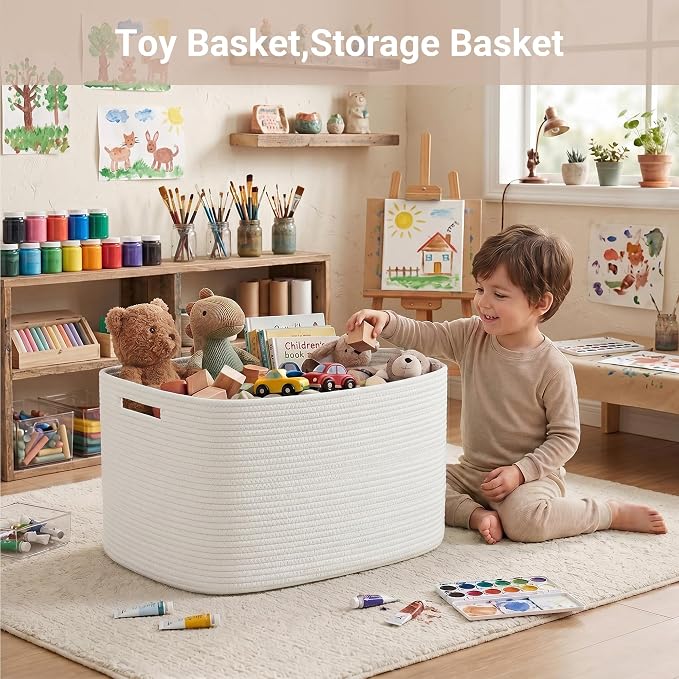 Large Laundry Basket/Hamper, 22"x17"x12", White | Rectangle Woven, Toy Storage, Baby Blanket Basket, With Handle, Shelf Basket