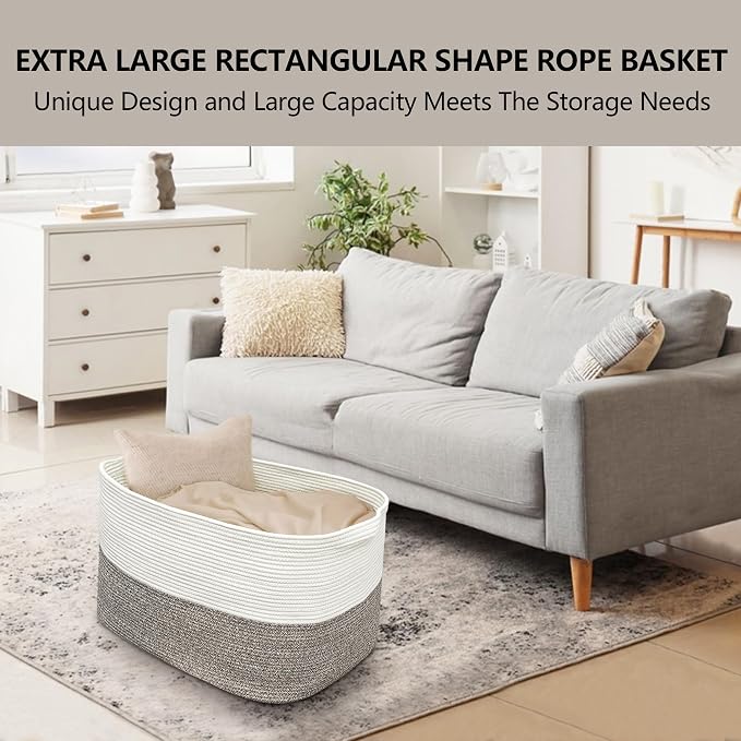 MEGASKET XXXXL Rope Basket for Blankets, 25" x 16" x 16"(108L) Rectangle Blanket Basket Living Room, Extra Large Wicker Woven Blanket Pillow Storage Basket, Kids Dog Toy Basket Storage Bins Organizer
