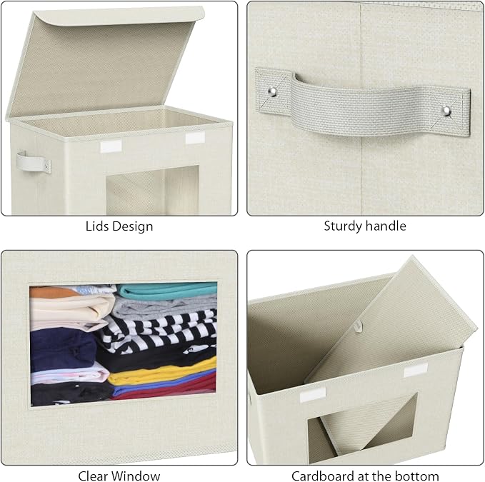 Univivi Fabric Storage Bins with Lids for Clothes 4 Pack, Beige Linen | 17 x 12 x 12 In Foldable Storage Boxes with Handles, Clear Window, Closet Organizers for Home, Bedroom