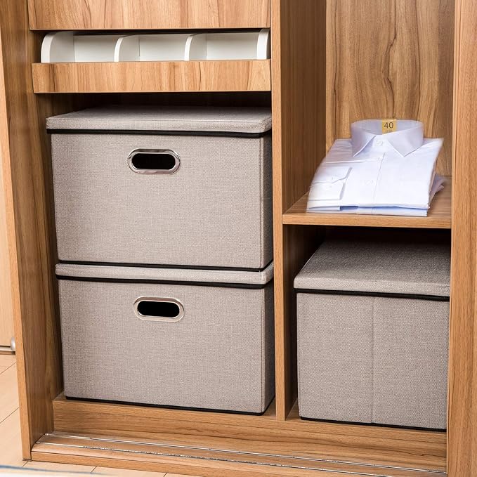 Large Foldable Storage Bins with Lids [3-Pack] linenFabric Decorative Storage Boxes Organizer Containers Baskets Cube with Handles Divider for Bedroom Closet Office Light Grey(17.7x11.8x11.8)