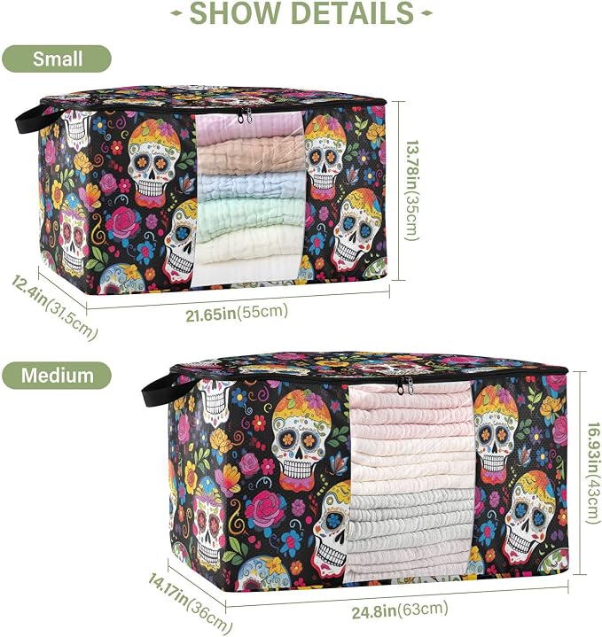 Day Of The Dead Skull Flower Clothes Storage Bag Bins 2 Pack Foldable Storage Containers Large Closet Organizer with Zipper Under Bed Storage for Bed Sheets Comforters Clothing 60L