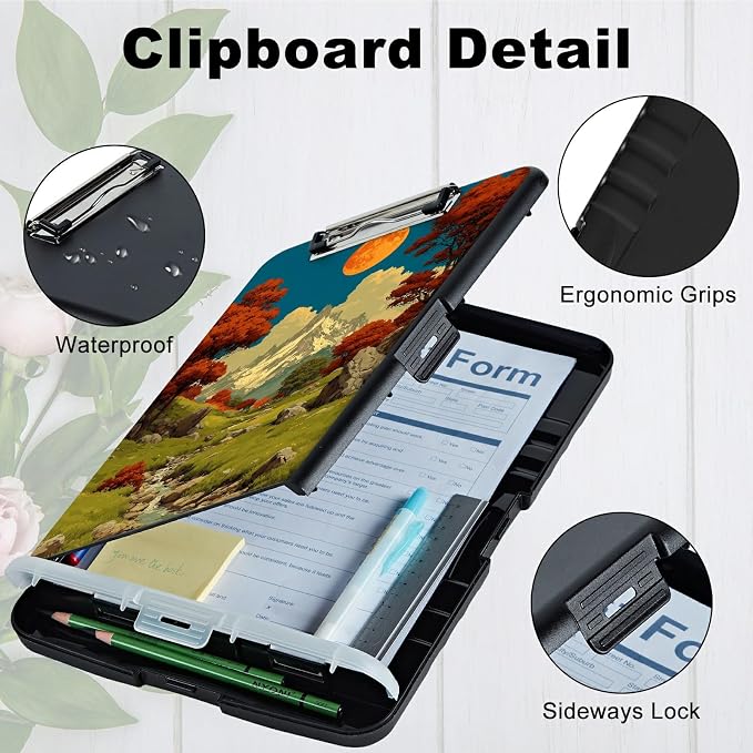 A4 Clipboard with Storage Pen Holder, Clipboards Organizer Nursing Clipboard Foldable File Folder Plastic Clipboard Folio Clip Board for Office Classroom Doctor, Snow Mountain Moon Brook