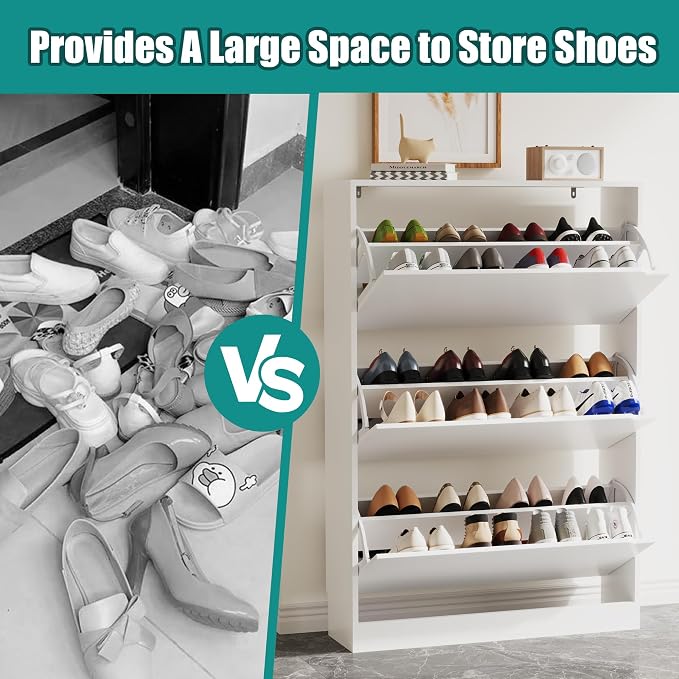 Xixini Shoe Storage Cabinet for Entryway with 3 Flip Drawers, Sturdy Wood Hidden Shoe Storage, Freestanding Narrow Slim Shoe Organizer for Front Door Entrance, Living Room, Hallway, Bedroom, White