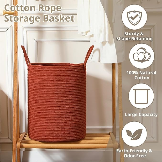 80L Large Woven Laundry Basket Hamper, 100% Natural Cotton Rope, Handwoven & Durable, Storage for Blankets, Toys, Clothes, Decorative Nursery Hamper for Living Room, Baby Room, Bedroom (Terracotta)