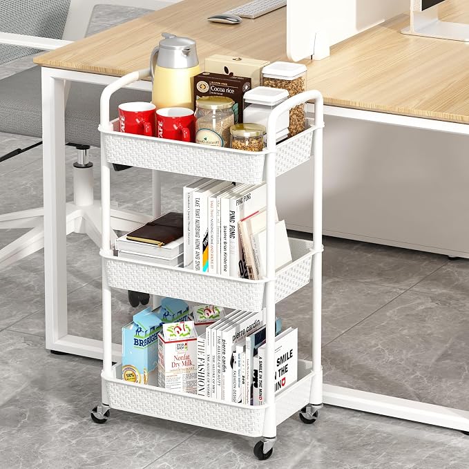MOYIPIN 3-Tier Plastic Rolling Utility Cart with Handle,Utility Storage Cart for Office, Living Room, Kitchen,Movable Storage Organizer Shelves,White | Utility Storage Cart for Office, Living Room, Kitchen,Movable Storage Organizer，Easy installation，Ra...