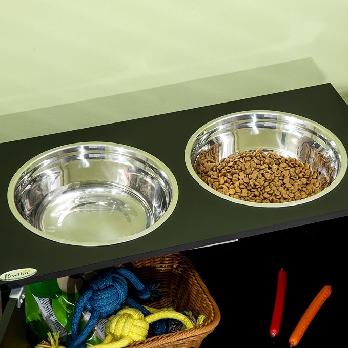 PawHut Large Elevated Dog Bowls with Storage Cabinet 44L Capacity Black | Raised Dog Bowl Stand, Pet Feeding Station