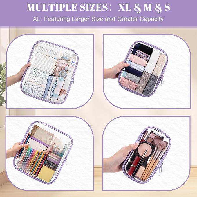12 Pack Clear Hard Shell Zipper Case with 40 Labels, X-Large/Medium/Small Stackable Clear Pouches, Crush-resistant Travel Toiletry Bag Organizer for Makeup Board Games Electronics (Purple)