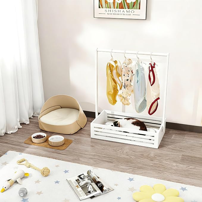 BAMBOOHOMIE Baby Clothing Rack for Toddler, Pets Clothes Rack with Storage Box & Adjustable Hanging Rod for Dogs/Cats, Baby Shower Clothes Closet Rack with Handle for Nursery Room (White, Baby)