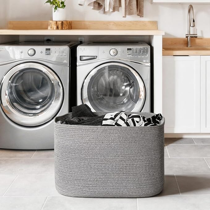 108L Large Storage Basket, 25"x16"x16" Blanket Storage for Living Room, Big Woven Rope Kids Dog Toy Bin Box, Nursery Baby Laundry Basket, Super Large Bin for Blankets, Shoes, Towels, Gray