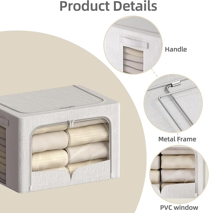 FHSQX 3 Pack Clothes Storage Bins with Metal Frame | 15.7x11.8x9.8inch (30L),Foldable, Stackable, Linen Fabric, Carrying Handles, Clear Window