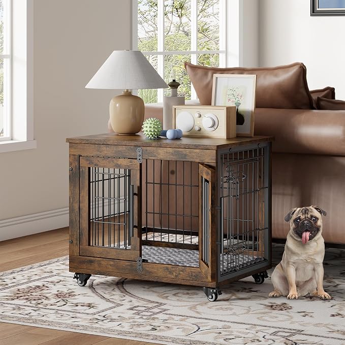 YaFiti Dog Crate Furniture, 27.2" Wooden Dog Kennel, 2 Pack, Rustic Brown | for Small Dogs, Up to 30 lb, Cushion, Wheels, Double Doors, Furniture Style, Side End Table, Decorative Pet Cage House