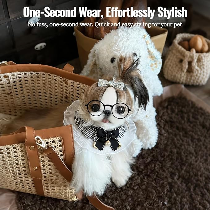 Elegant Lace Cat Collar, Adjustable Pet Bow Tie Bib for Small Dogs and Cats, Cute Princess Pearl Scarf Outfit for Wedding Party Photoshoots（L 11-16.5 lbs）