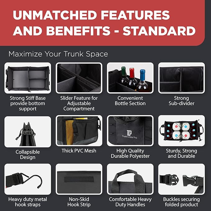 Car & Vehicle Trunk Organizer for SUV, Truck & Auto Storage, Standard Black | Fits Cars, SUVs & Trucks3 Adjustable Compartments Non-Slip Base & Straps Collapsible Heavy-Duty Storage Car Accessories
