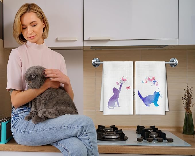 Kitchen Towels Set Of 2, Colorful Cat Dish Towel For Kitchen, Decorative Hand Towels For Bathroom, Fast Drying Tea Towel With Aesthetic Butterfly, Housewarming Gifts For Cat Lover Women Mom -B08