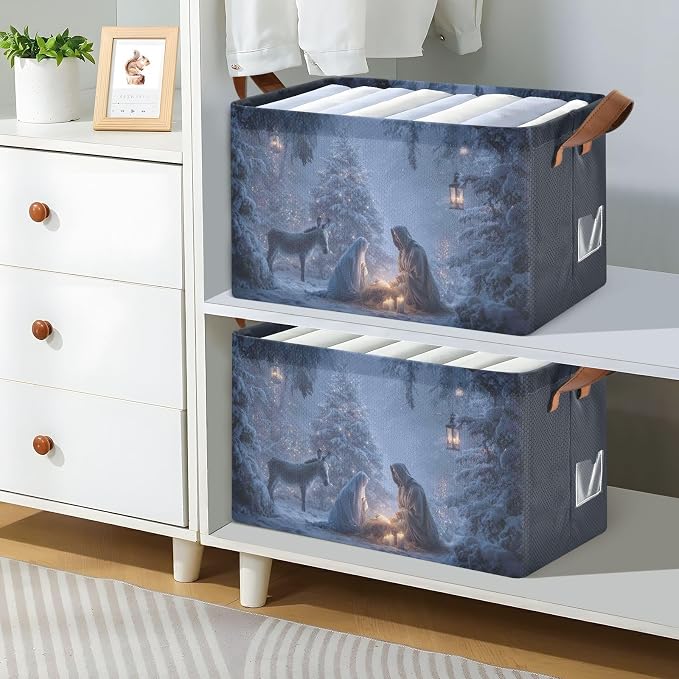 Christmas Nativity Scene Storage Basket Foldable Cube Storage Bins with Handles&Label Waterproof Organizer Box Bin Large Rectangle Decorative Baskets for Shelves Home Room Laundry Indoor, 2 Pack