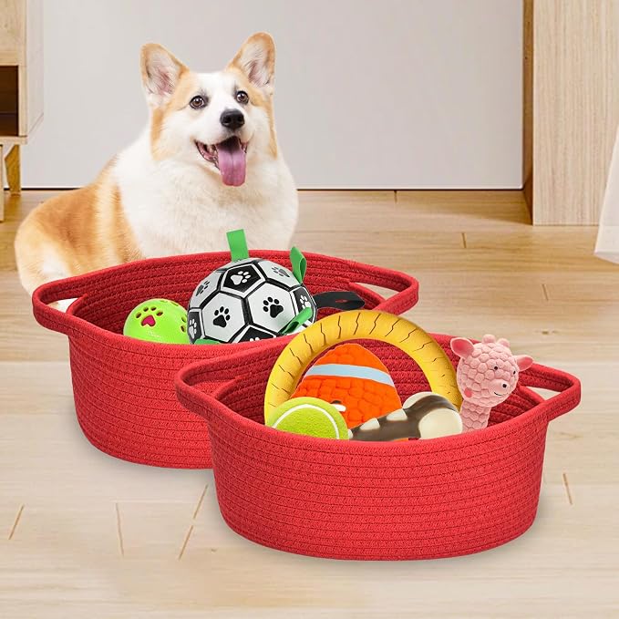 ABenkle Small Basket Empty Gift Basket, Decorative Boho Rope Woven Nursery Storage Organizer Dog Toy Baskets for Baby Showers Christmas Easter with Gift Bags and Ribbons, 12"X 8" X 5"
