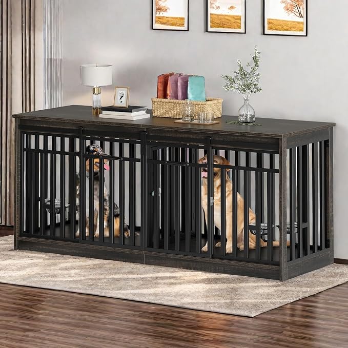 DWVO 71" Double Dog Crate Furniture for 2 Medium Dogs with Dog Bowls | Heavy Duty Wood Dual Dog Kennel TV Stand with Sliding Doors, Decorative 2 Dog Cage Table for Extra Large Dogs Black Oak