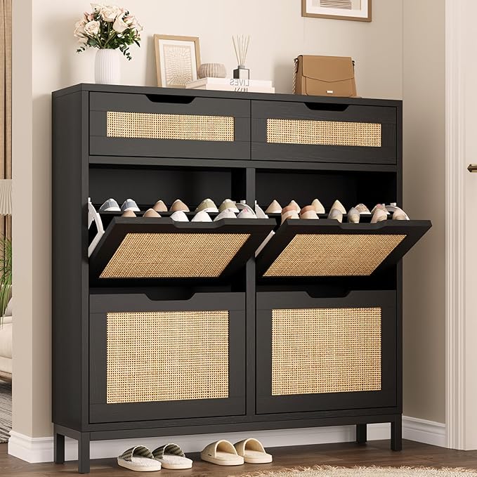 Jocoevol Rattan Shoe Cabinet for Entryway, Boho Shoe Storage Cabinet with 4 Flip Drawers and 2 Drawers, Narrow Freestanding Shoe Rack with Metal Legs for Entryway/Hallway/Foyer (Black)
