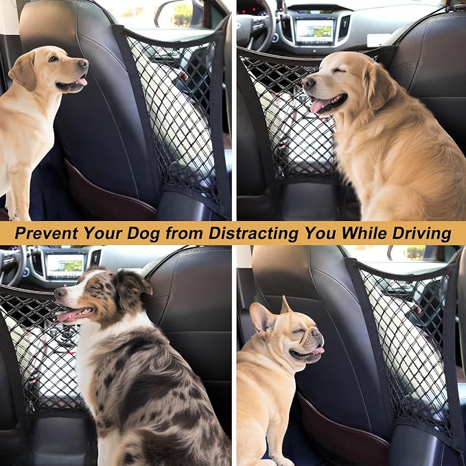 Dog Car Net Barrier for SUV， Upgraded Dog Travel Accessory with Organizers and Storage, Separates Pets from Passengers for Safely, organizes Essentials, Makes Trips Easier.