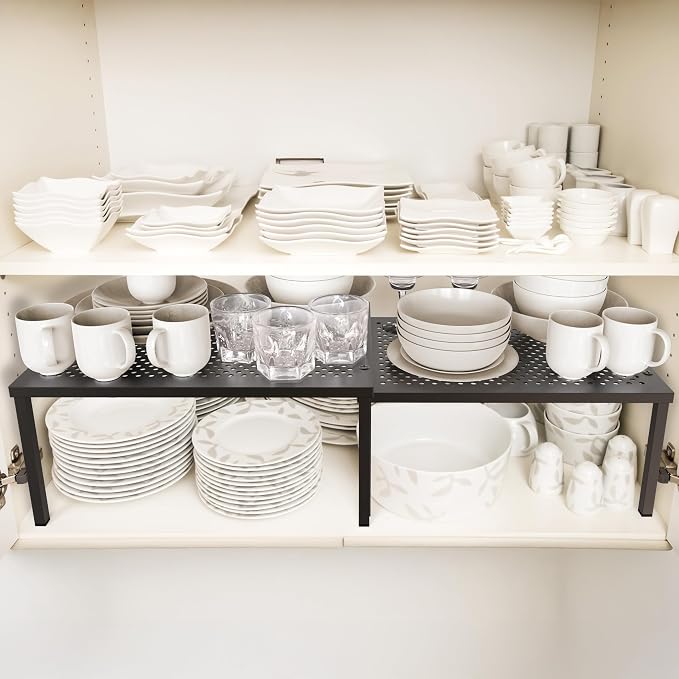 Simple Houseware Cabinet Counter Shelf Organizer w/Steel Surface, Bronze | Expandable & Stackable 9" D x 12.75" W x 5.9" H