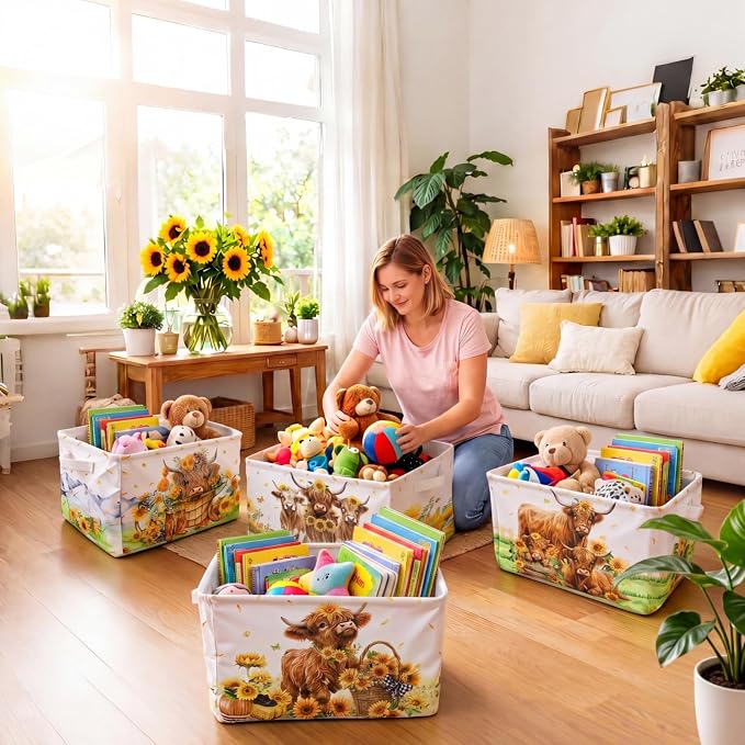 4 Pcs Highland Cow Storage Bin Collapsible Western Cow Themed Fabric Storage Basket with Handle American Country Style Organizer for Home Bathroom Bedrooms Baby Clothes Toys Books