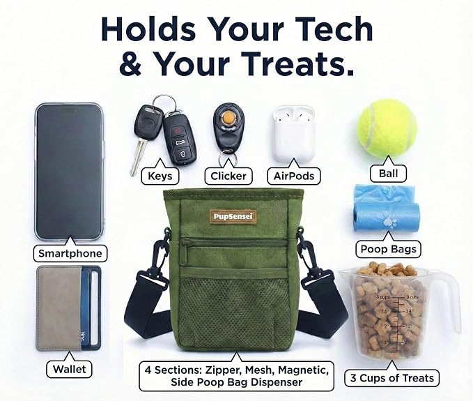 Dog Treat Pouch for Training – Magnetic Dog Treat Bag with Belt Clip & Poop Bag Dispenser – Hands Free Carry Pouch with Auto-Close Access & Shoulder Strap – Durable Pet Gear – Army Green