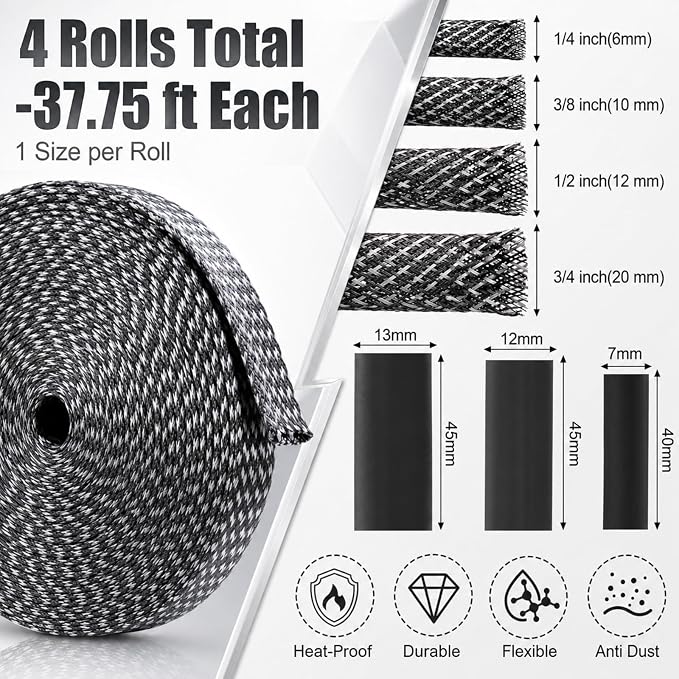 Tatuo 151 ft Braided Cable Sleeve Expandable Wire Sheathing(Silver, Black) | with 120 Heat Shrink Tubing 1/4 in 2/5 in 1/2 in 3/4 in Wire Sleeve Cord Management for Television Audio Computer Video Pets