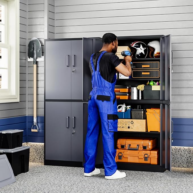 Metal Storage Locking Cabinet with 4 Doors and 2 Adjustable Shelves,71" Lockable Garage Tall Steel Cabinet,for Home Office,Living Room,Pantry,Gym,Commercial Storage (Gray Black)