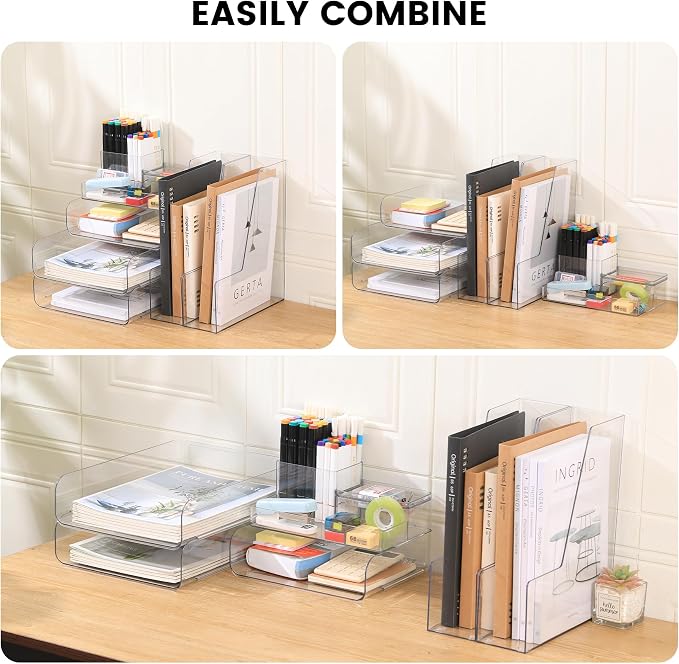 CiWiVOKi Desk Organizer with 2 Vertical File Holder, 4 Tier Stackable Paper Letter Tray File Organizer with 5-Compartments Pen Holder, Clear Desktop Organizer Office Organization and Storage