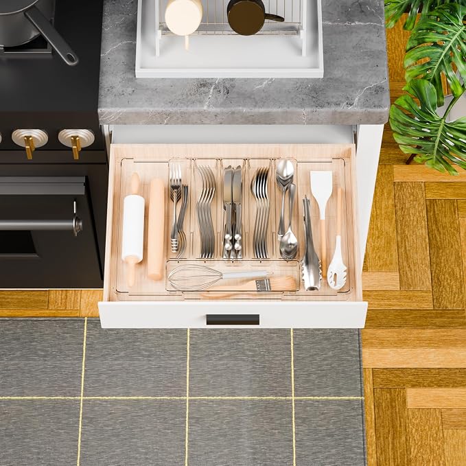 Large Clear Expandable Silverware Drawer Organizer for Kitchen,BPA FREE Adjustable Utensil Drawer Organizer and Silverware Tray,Plastic Flatware Organizers,Cutlery,Knife,Fork and Spoon Holder