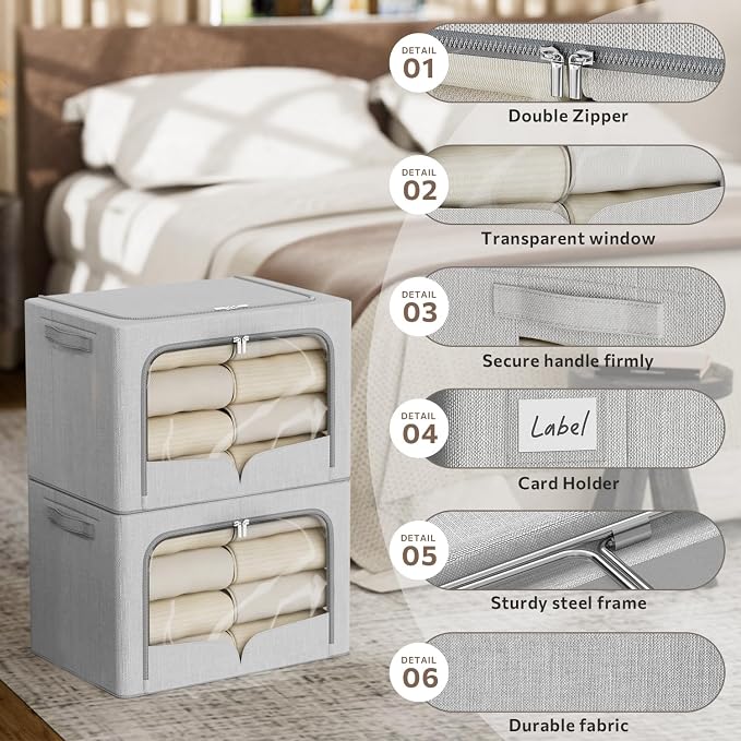 FHSQX 3 Pack Clothes Storage Bins Foldable Metal Frame Storage Box Extra Large Stackable Linen Fabric Organizer Set with Carrying Handles and Clear Window (Light Gray, 23.6x16.5x15.7inch(100L))