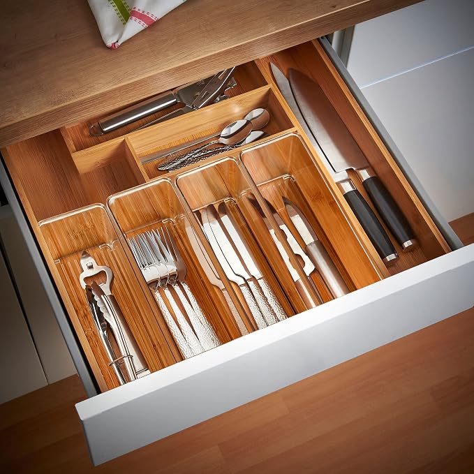 Qilinba 8 PACK Drawer Organizers Deep Drawer Organizer Bins | Clear Silverware Organizer, Stackable Storage Bins for Bathroom, Pantry, Office, Vanity, Desk