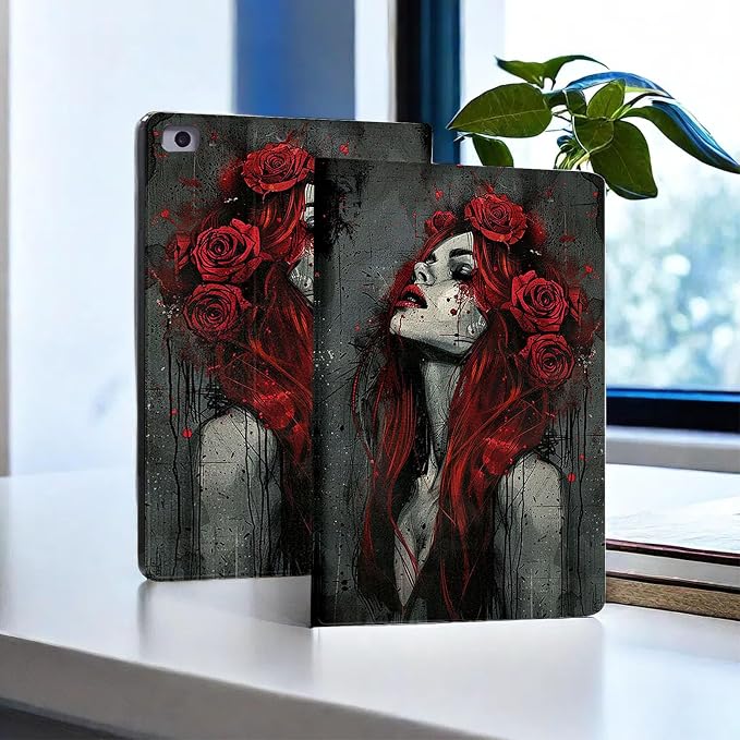 for Microsoft Surface Go 4/3/2/1-10.5" 2021 Tablet Case,Auto Wake/Sleep,Adjustable Stand Protective Cover - Rose Girl Dark Art