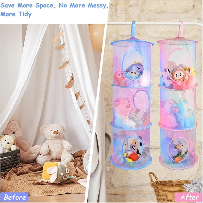 ChezMax Hanging Mesh Stuffed Animal Storage - 3 Tiers 2 Pack Large Stuffed Animal Net Organizer, Foldable Space Saver Bags Basket Organization Holder Room Bedroom Playroom Wardrobe Rainbow