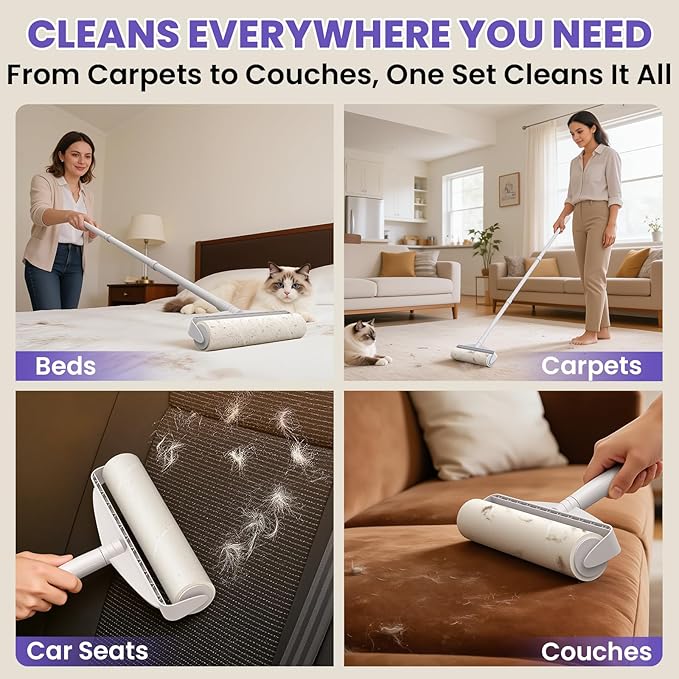 Two Large Lint Roller Set for Pet Hair: DELOMO 9.45” Extra-Wide Sticky Rollers - Long Handle for Floors & Carpets and Short Handle for Couches & Furniture - 360 Sheets Total - for Multi-Pet Homes