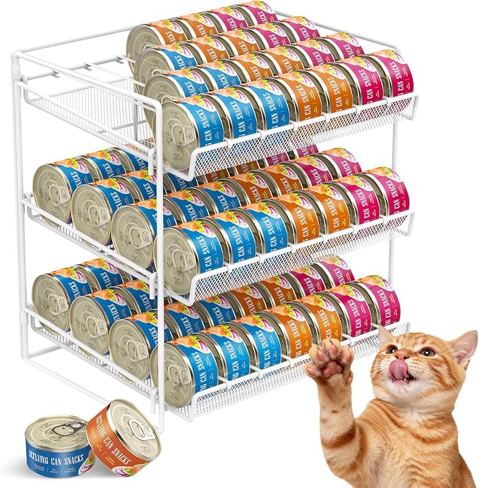 Cat Food Can Organizer 3-Tier Can Organizer for Pantry 84 Cans 3.5oz | White metal 3-tier cat food can organizer,Holds 84 cans 3.5oz,Adjustable pantry countertop storage for kitchen cabinet