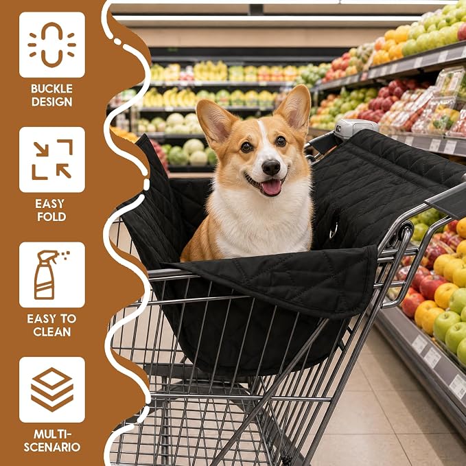 Portable Dogs Shopping Cart Cover, Quilting Dog Grocery Cart Cover with Storage Bag, Soft Comfort Cushioning, Secured with Hook and Loop, Universal Size, Machine Washable for Pet Dog