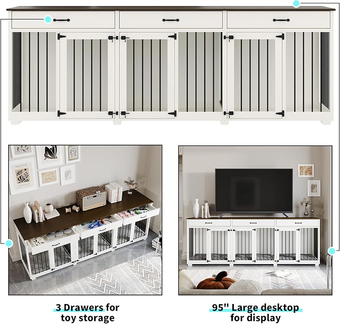 Dog Crate Furniture - Indoor Wooden Dog Kennel Crate Furniture with 2 Dividers, 3 Drawers, and 3 Lockable Doors, 95"x23.6"x31.5"H, White