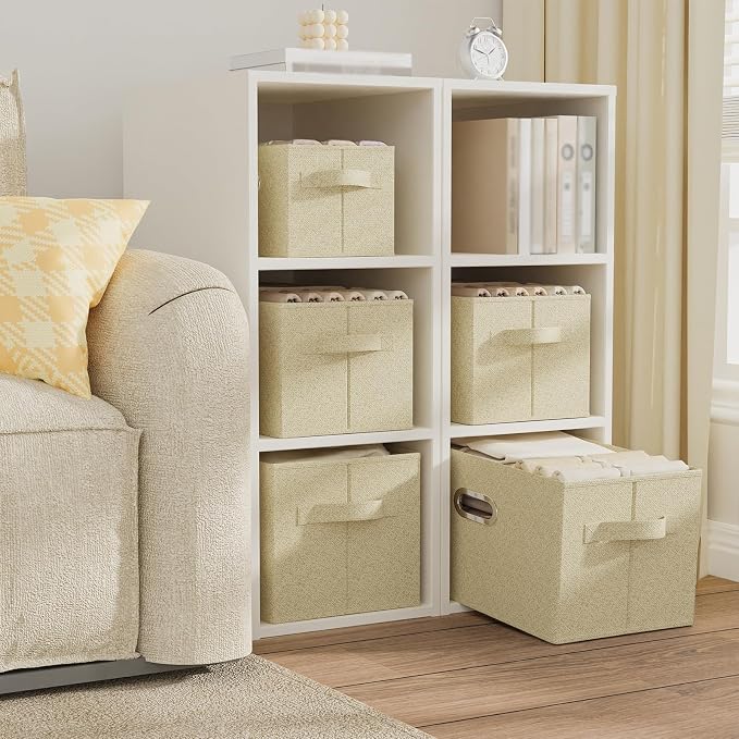 Storage Bins with Metal Grips,Grey and Beige,15x9.8x9.8in,2 Pack | Fabric Storage Baskets with Soft Cloth Handles,Thick PP Panel Wardrobe Containers,Wipeable Open Boxes for Closet Shelves
